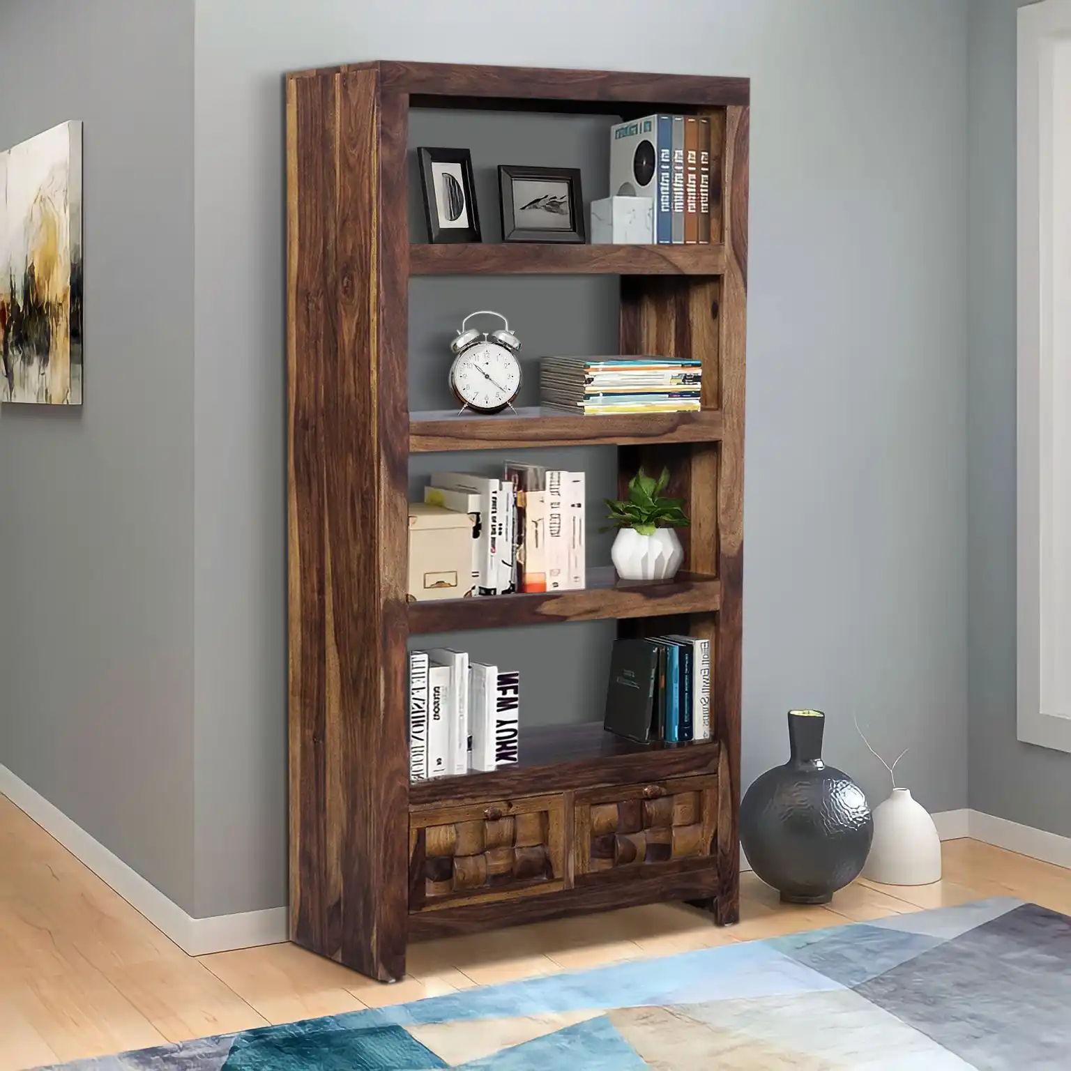 Wooden Open Bookshelf With 2 Drawers