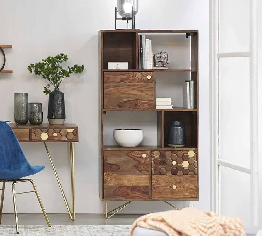 Wooden Open Bookshelf With 2 Drawers